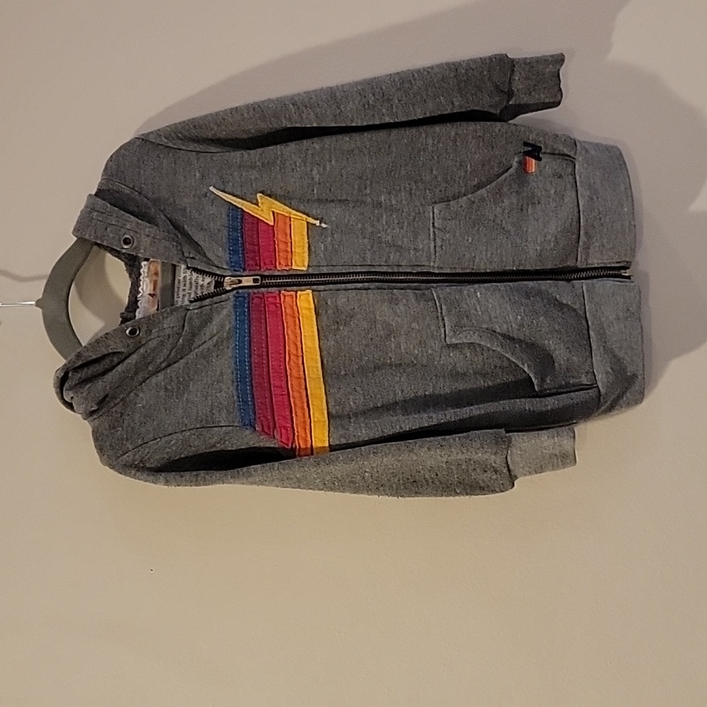 Rare Aviator Nation Kids Size 4 retro stripe with lightening bolt grey hoodie